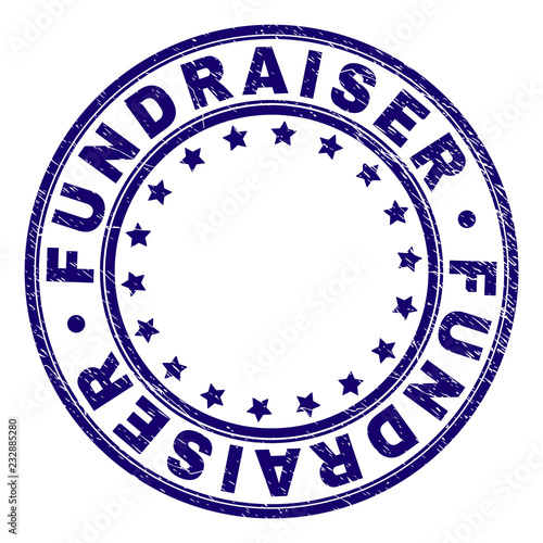 FUNDRAISER stamp seal imprint with grunge texture. Designed with circles and stars. Blue vector rubber print of FUNDRAISER text with grunge texture.
