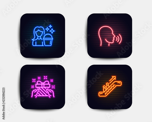 Neon set of Human sing, Gift and Cleaning icons. Escalator sign. Talk, Present, Maid service. Elevator. Neon icons. Glowing light cleaning banners. Vector