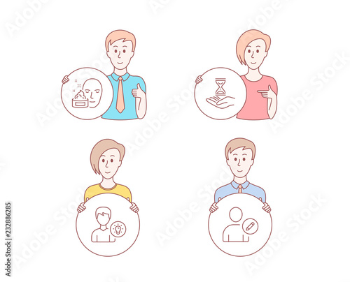 People set of Face cream, Time hourglass and Person idea icons. Edit user sign. Gel, Sand watch, Lamp energy. Profile data. Character hold circle button. Man with like hand. People vector