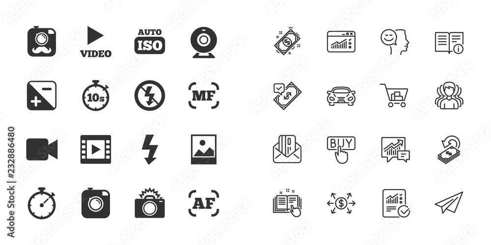 Set of Photo and Video icons. Camera, timer and frame signs. No flash and Auto focus symbols. Paper plane, report and shopping cart icons. Group of people. Video vector Set of Photo and Video icons. Camera, timer and frame signs. No flash and Auto focus symbols. Paper plane, report and shopping cart icons. Group of people. Video vector