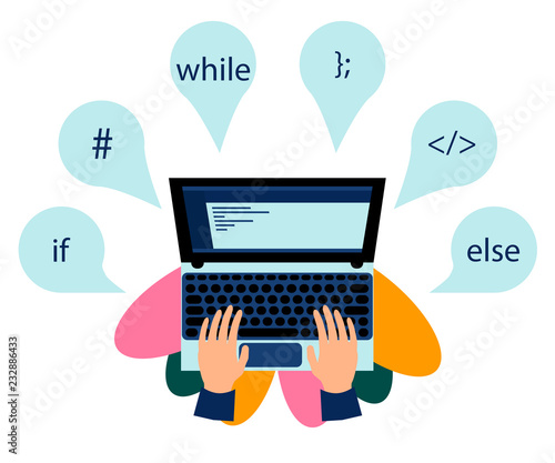Vector illustration. Workplace of programming. Elements of programming languages