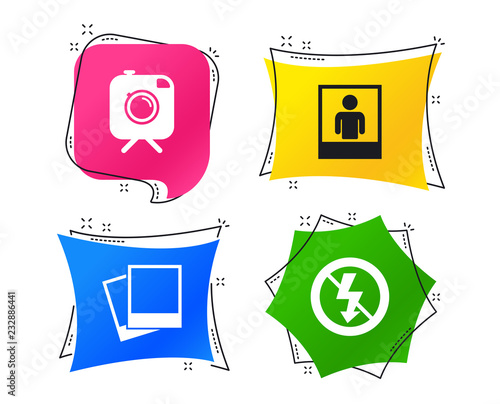 Hipster retro photo camera with mustache icon. No flash light symbol. Human selfie portrait photo frame. Geometric colorful tags. Banners with flat icons. Trendy design. Vector