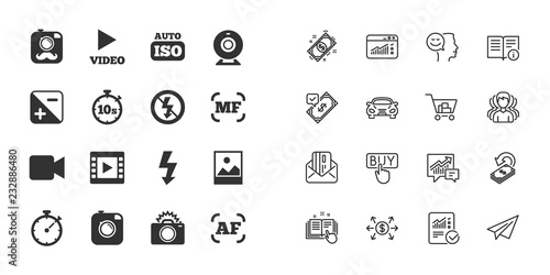 Set of Photo and Video icons. Camera, timer and frame signs. No flash and Auto focus symbols. Paper plane, report and shopping cart icons. Group of people. Video vector