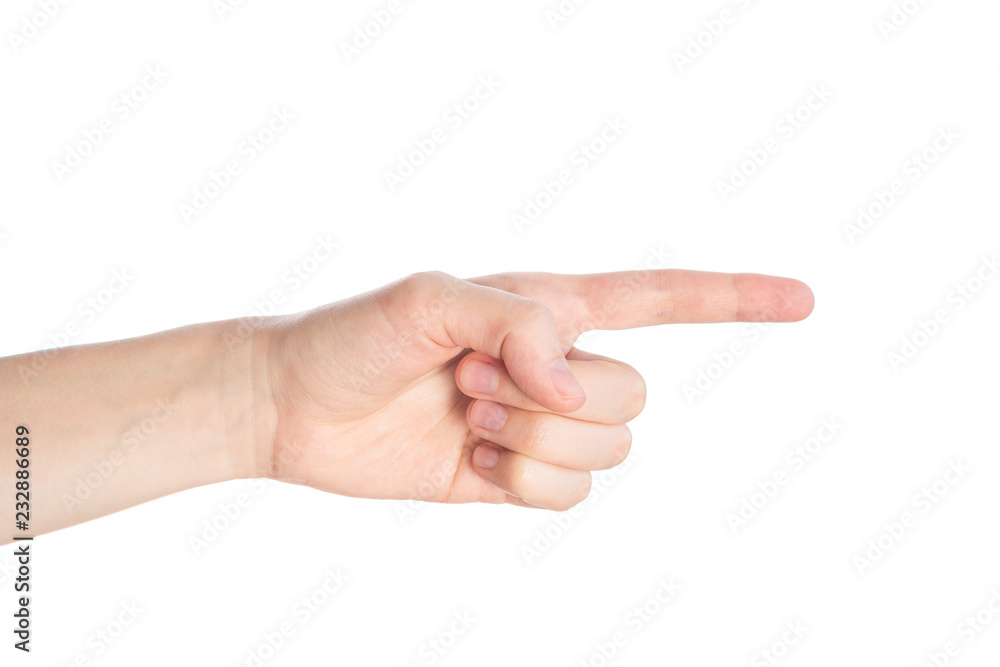 Pointing gesture. Female hand shows index finger on a white background isolate Pointing gesture. Female hand shows index finger on a white background isolate