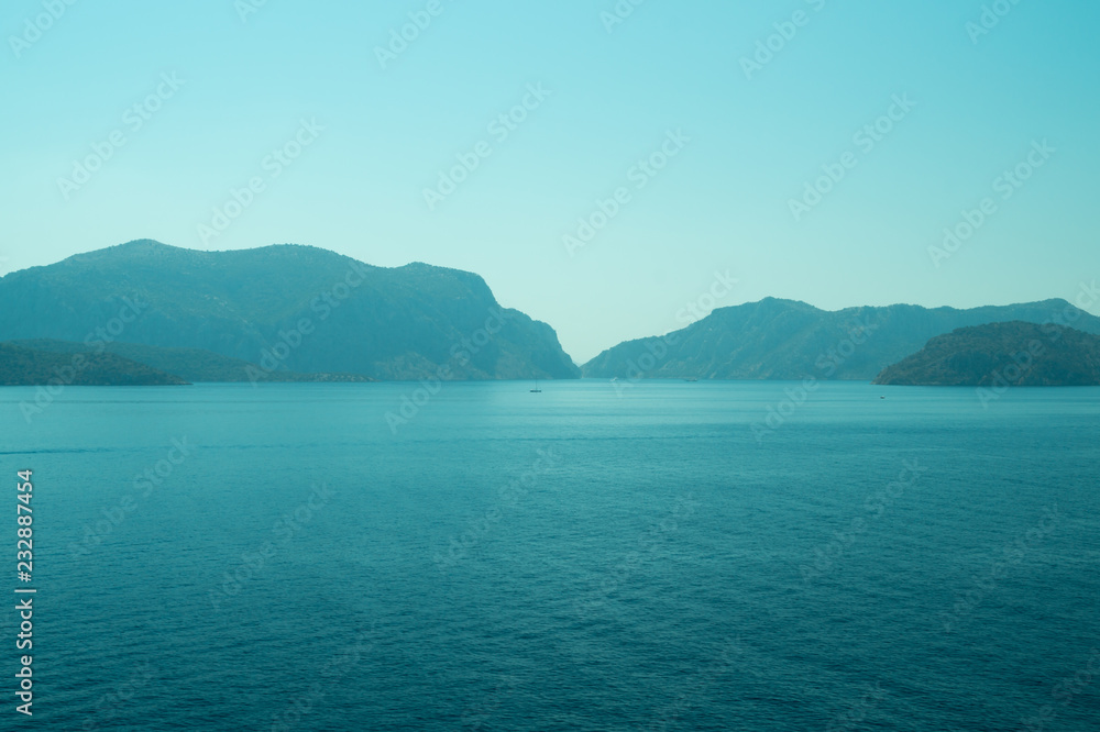  Island mountains landscape. seascape background. water surface