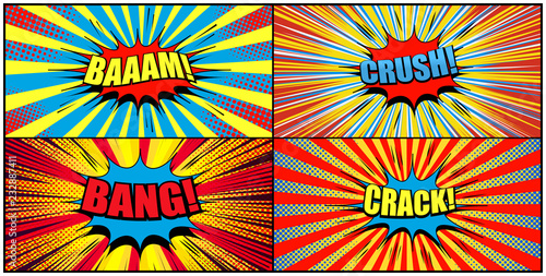 Big collection of comic backgrounds with colorful speech bubbles Bam Bang Crush Crack wordings sound radial rays and halftone effects. Vector illustration