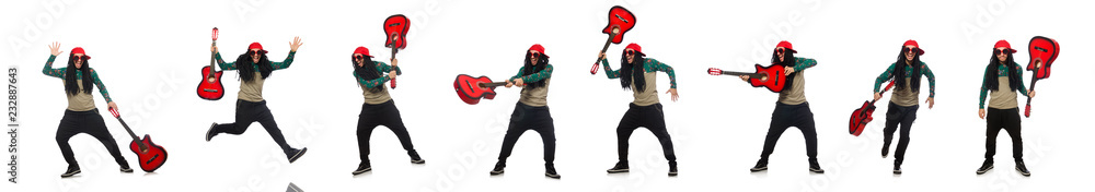 Man with guitar in musical concept on white Man with guitar in musical concept on white