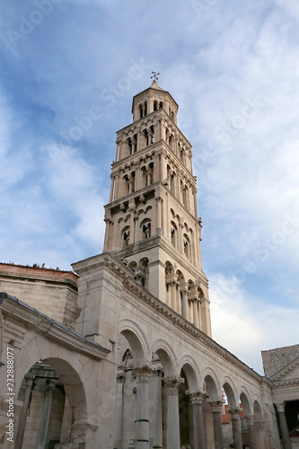 Saint Domnius bell tower is a historic landmark in Split, Croatia. Split is popular coastal travel destination.