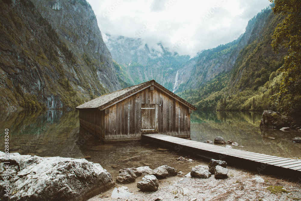 Old boat house at Lake Obersee, Bavaria, Germany Old boat house at Lake Obersee, Bavaria, Germany