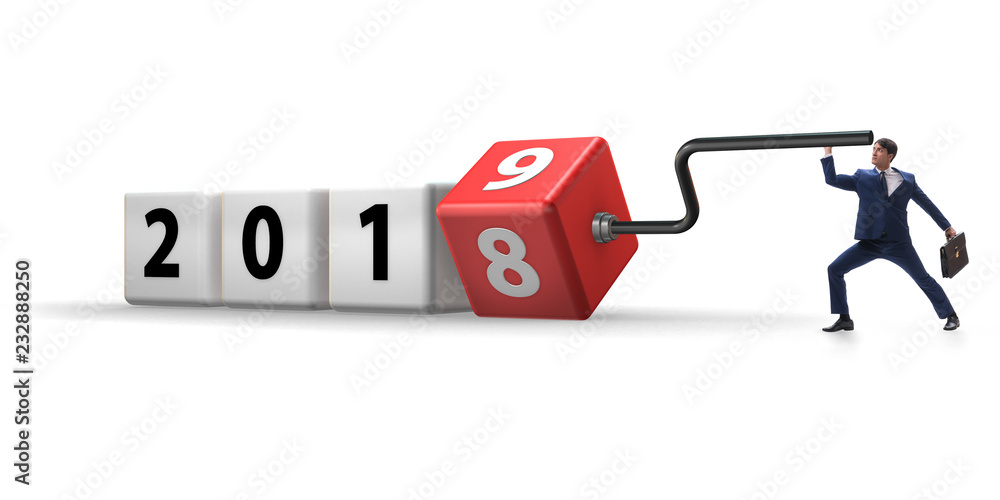Businessman employee rotating cube to reveal number 2019 Businessman employee rotating cube to reveal number 2019