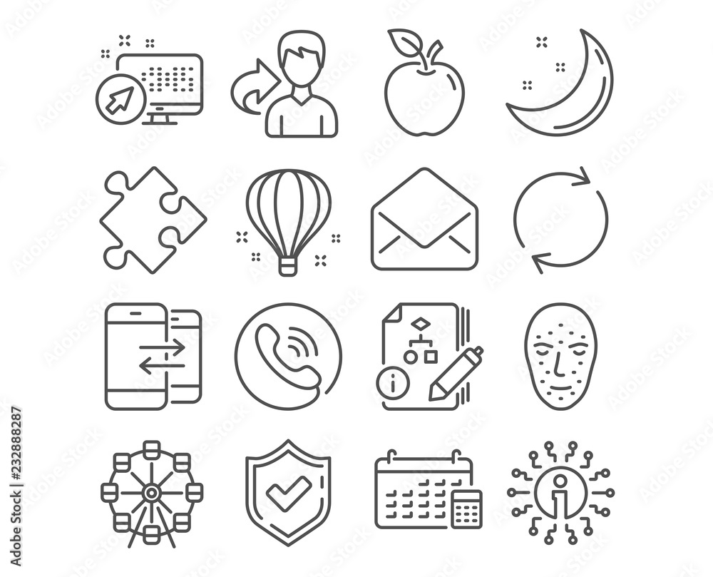 Set of Strategy, Phone communication and Full rotation icons. Calendar, Face biometrics and Ferris wheel signs. Mail, Algorithm and Air balloon symbols. Strategy vector Set of Strategy, Phone communication and Full rotation icons. Calendar, Face biometrics and Ferris wheel signs. Mail, Algorithm and Air balloon symbols. Strategy vector