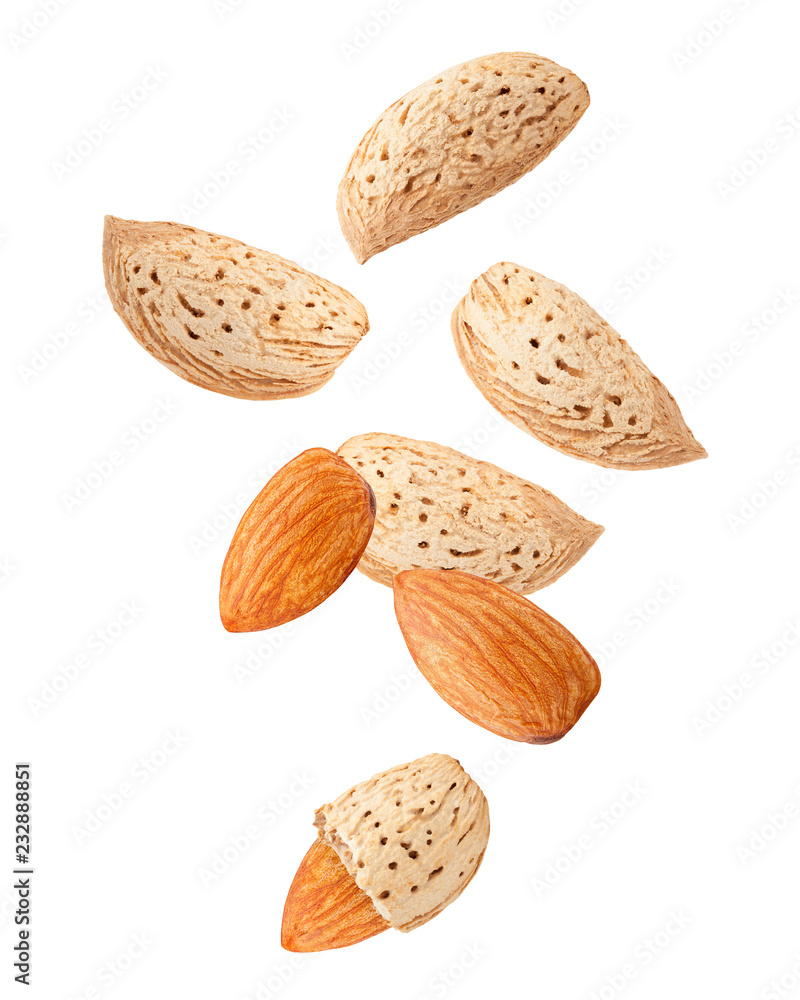 7456486 Falling Almond nut in shell isolated on white background, clipping path, full depth of field 7456486 Falling Almond nut in shell isolated on white background, clipping path, full depth of field