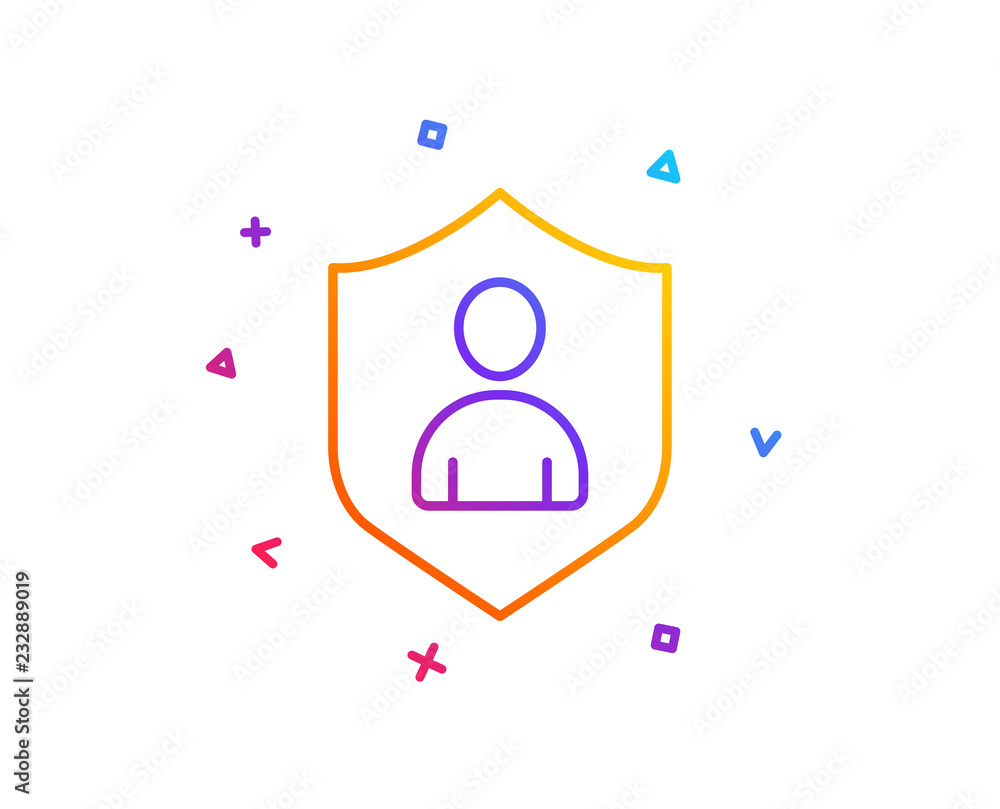 User Protection line icon. Profile Avatar with shield sign. Person silhouette symbol. Gradient line button. Security icon design. Colorful geometric shapes. Vector User Protection line icon. Profile Avatar with shield sign. Person silhouette symbol. Gradient line button. Security icon design. Colorful geometric shapes. Vector