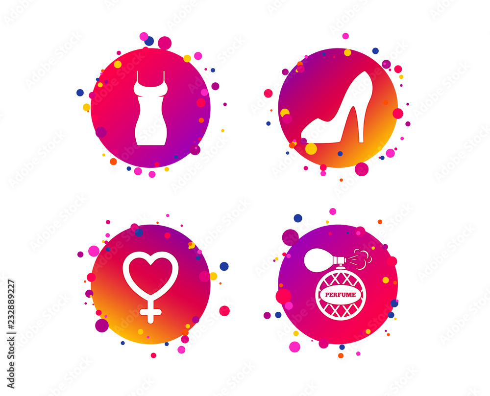 Women dress icon. Sexy shoe sign. Perfume glamour fragrance symbol. Gradient circle buttons with icons. Random dots design. Vector Women dress icon. Sexy shoe sign. Perfume glamour fragrance symbol. Gradient circle buttons with icons. Random dots design. Vector