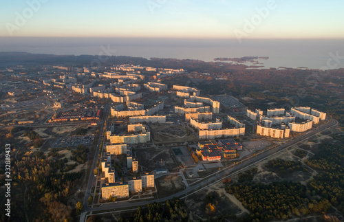 Aerial view of town in autumn at sunset. Energodar, Ukraine. The satellite city of Europe's most atomic power station. Aerial photography. Top view.
