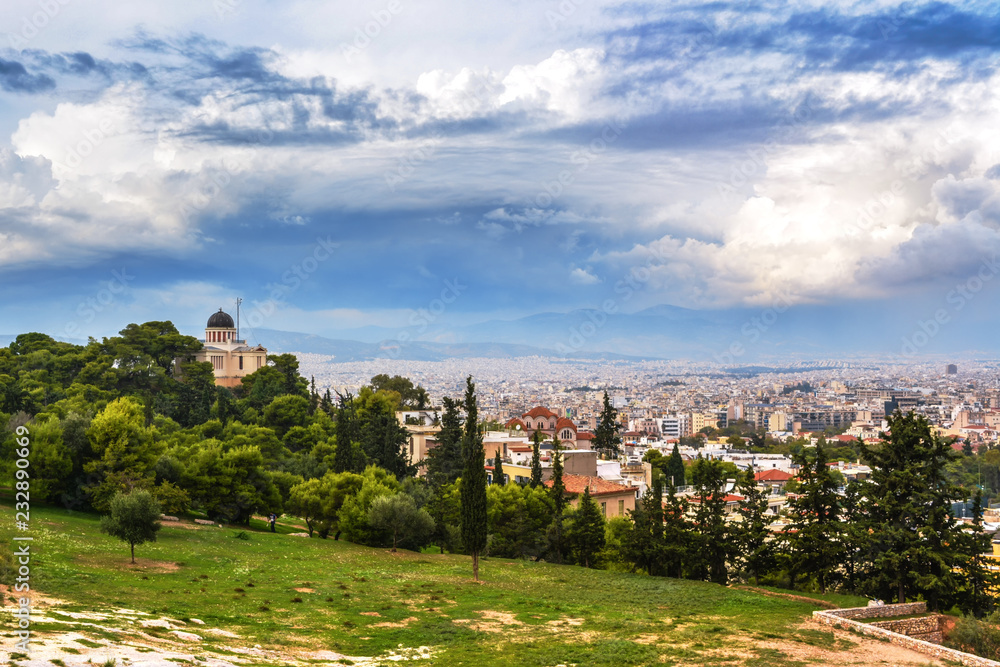 Cityscape of Athens, church and houses from the hill