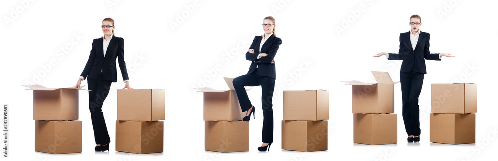 Businesswoman with boxes isolated on white Businesswoman with boxes isolated on white