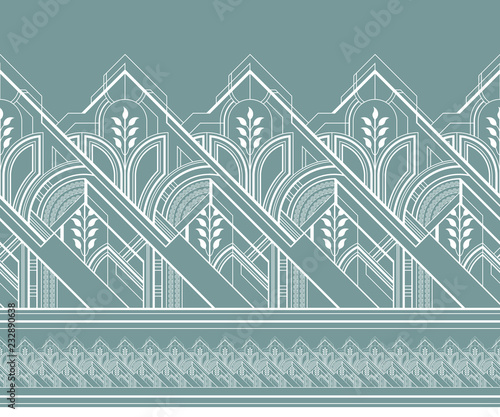 White art deco seamless border on turquoise background