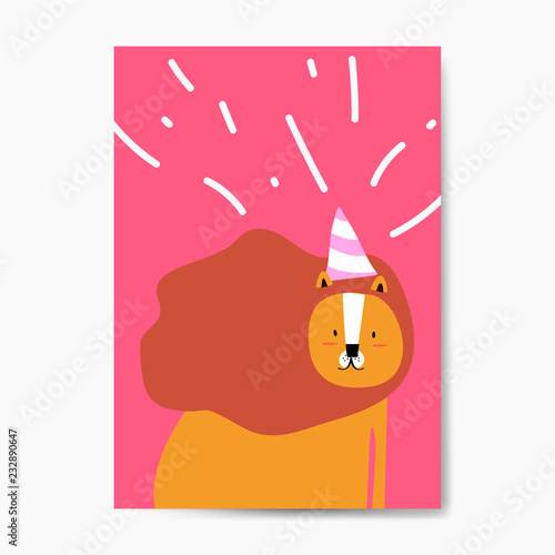 Fototapeta Naklejka Na Ścianę i Meble -  Lion wearing a party hat in a cartoon style vector