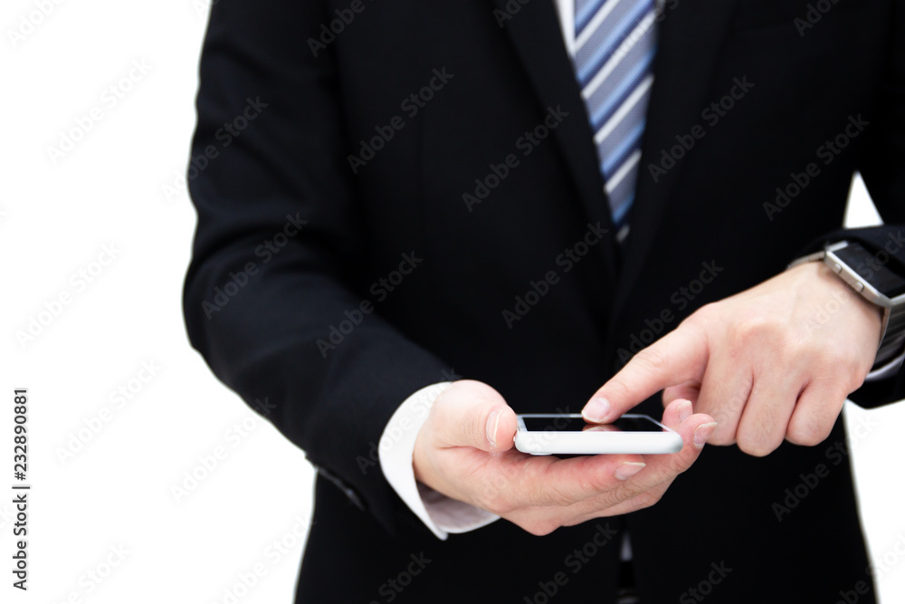 Portrait of business man in formal black suit tapping on a smartphones close up. Isolated on white background. Portrait of business man in formal black suit tapping on a smartphones close up. Isolated on white background.