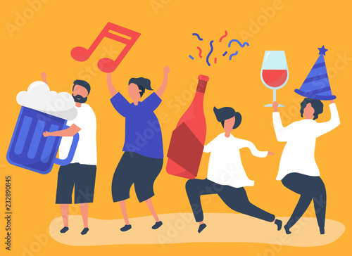 Friends partying and drinking different beverages