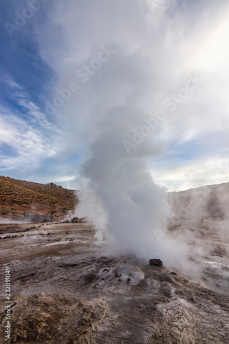 El Tatio Geysers at Atacama desert, amazing thermal waters at 4500 masl inside the Andes a place with an awe geothermal activity below the ground. Volcanic activity at Atacama , Chile