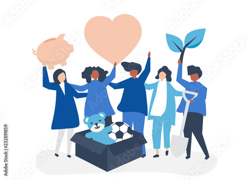 People volunteering and donating money and items  to a charitable cause