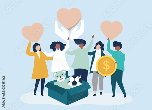 People volunteering and donating money and items  to a charitable cause