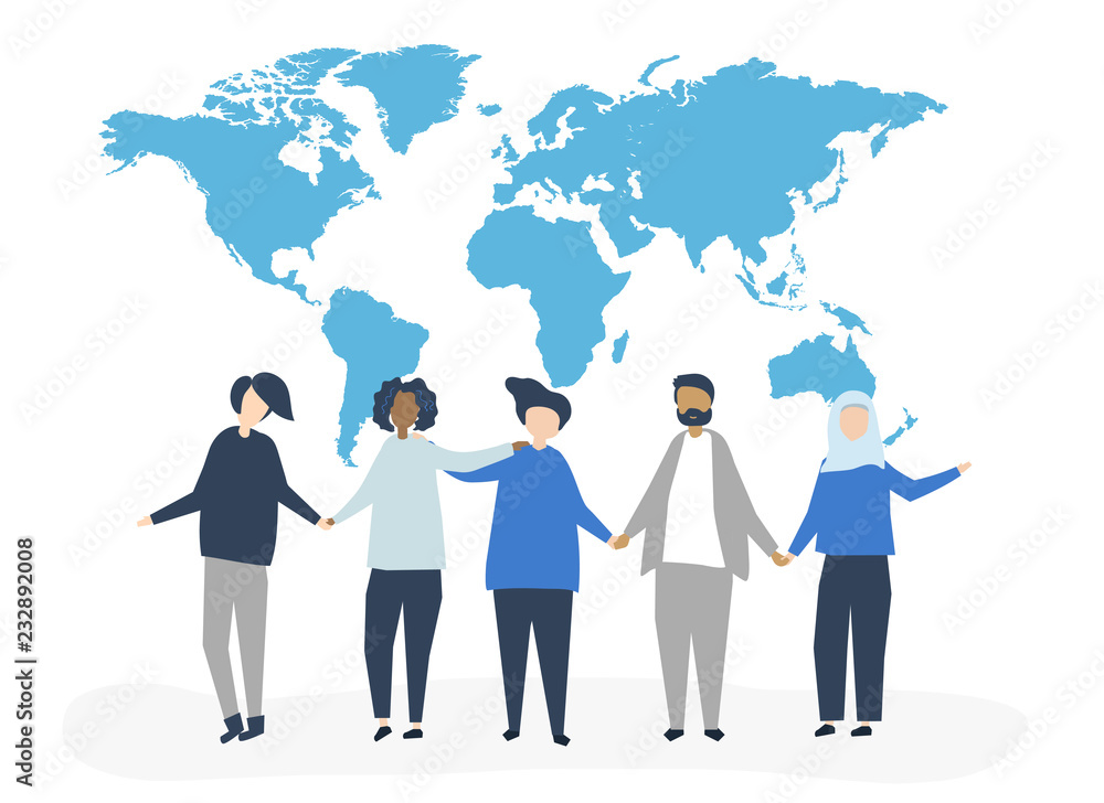 Character illustration of people with a world map illustration Character illustration of people with a world map illustration