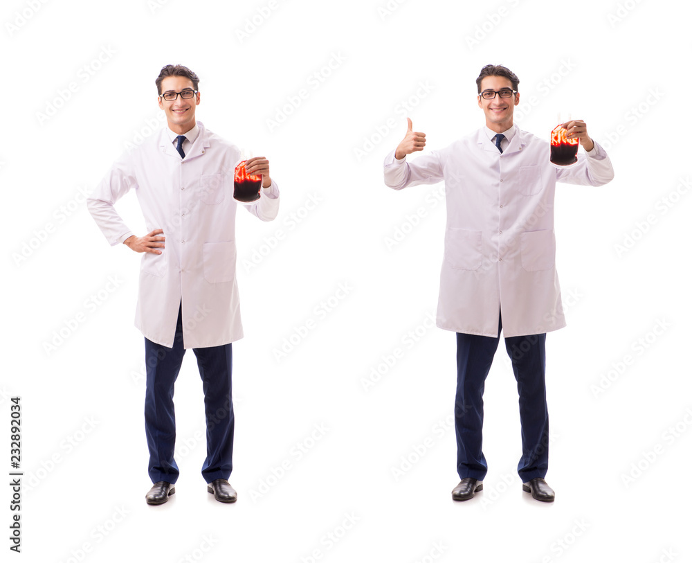 Doctor in blood donation concept isolated on white Doctor in blood donation concept isolated on white