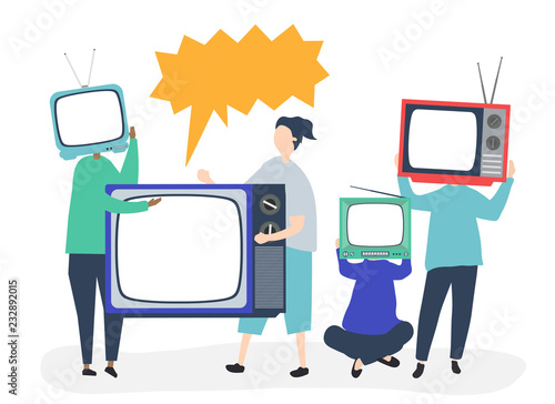 Character illustration of people with analog TV icons