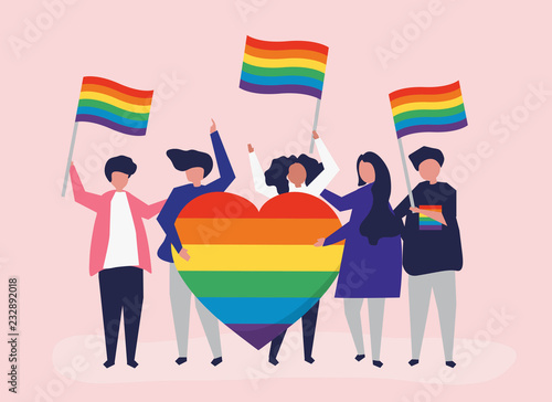 Character illustration of people holding LGBT support icons