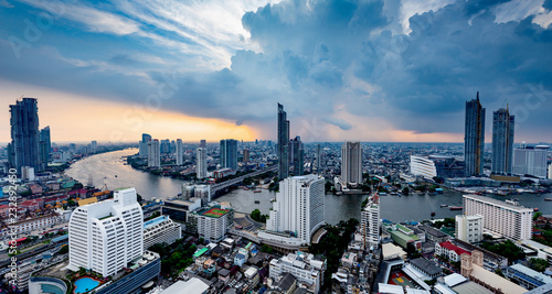 Photography Aerial view panoramic of Chao Phraya River Bangkok city sky and clouds  of Thail