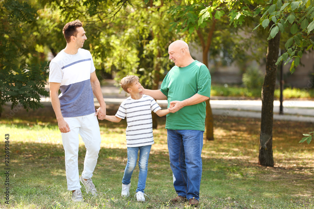 Man with son and elderly father in park on sunny day