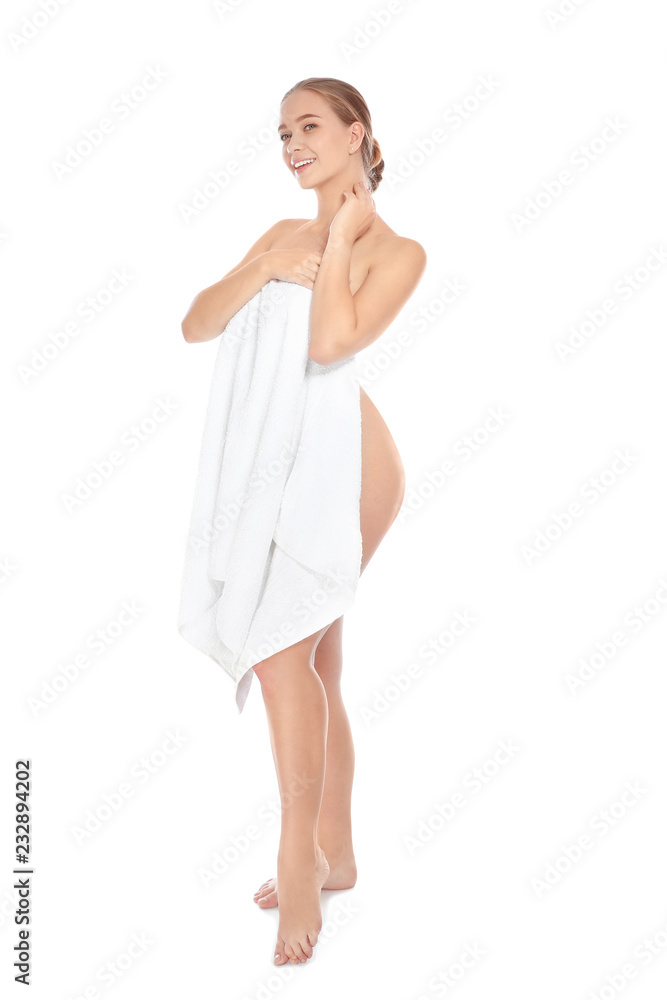 Full length portrait of young pretty woman with towel on white background Full length portrait of young pretty woman with towel on white background