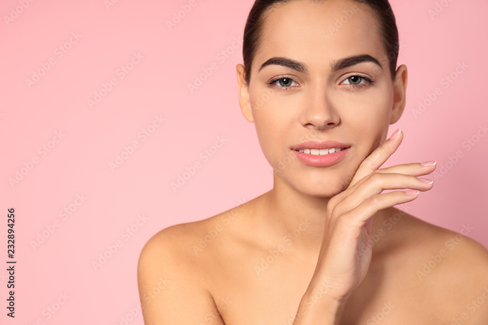 Portrait of beautiful young woman and space for text on color background. Cosmetic surgery concept Portrait of beautiful young woman and space for text on color background. Cosmetic surgery concept