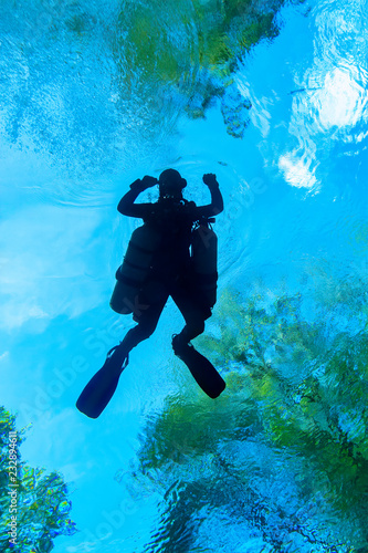 Silhouette of a Side Mount diver at a Florida Spring photo