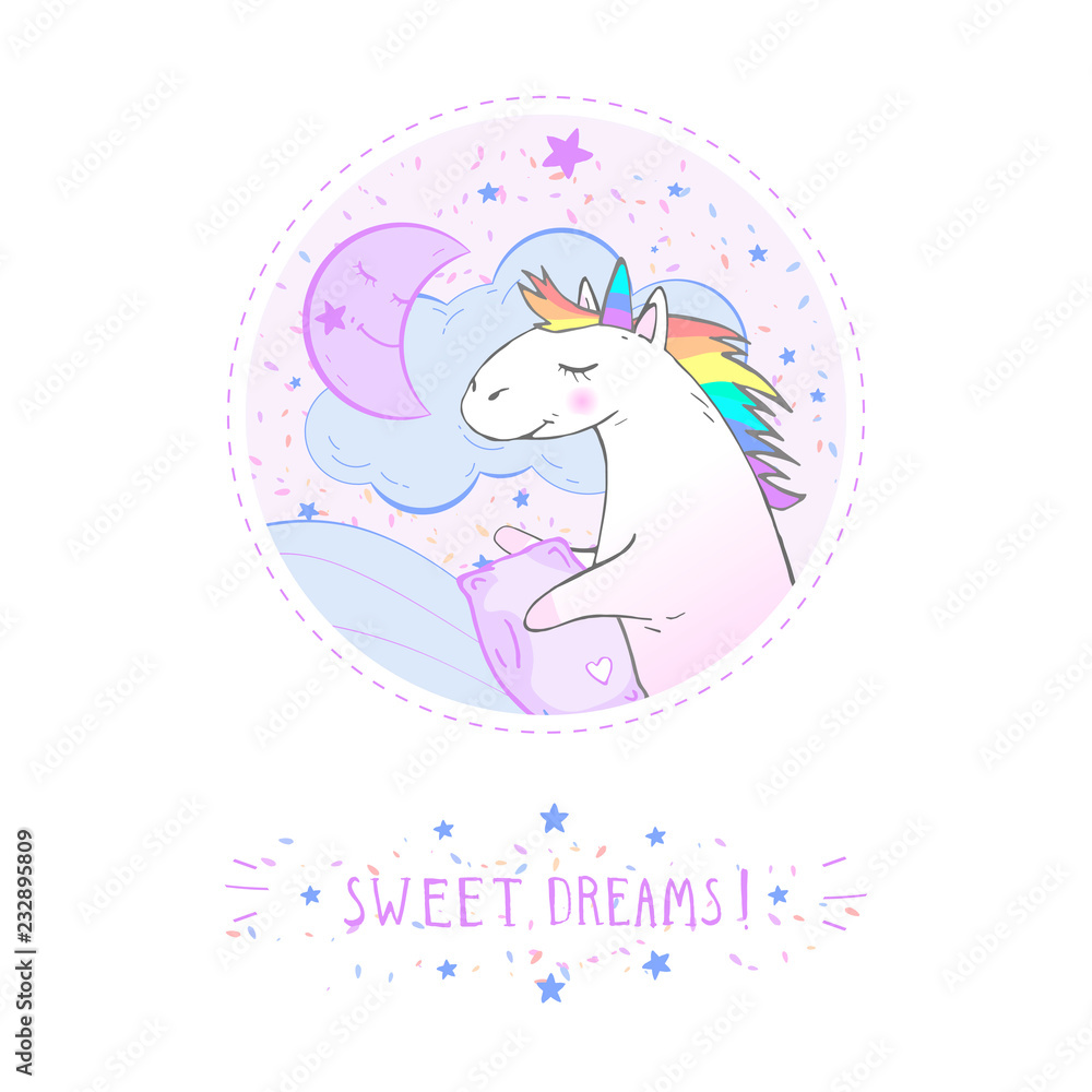 Vector sticker or icon with hand drawn cute unicorn, pillow and text - SWEET DREAMS! On withe background. For your design. Cartoon style. Colored. Vector sticker or icon with hand drawn cute unicorn, pillow and text - SWEET DREAMS! On withe background. For your design. Cartoon style. Colored.