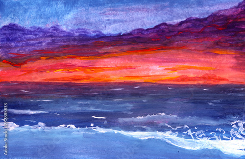 Sunset in orange-purple ocean in gouache