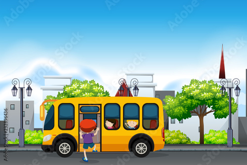 Children on a yellow school bus