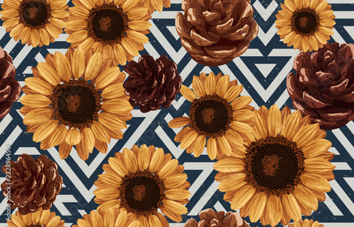 Printable seamless vintage autumn repeat pattern background with pine cones and sunflowers. Botanical wallpaper, raster illustration in super High resolution.