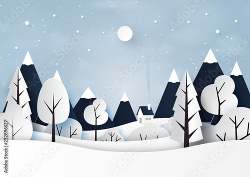 Fototapeta Snow and winter season landscape paper art style