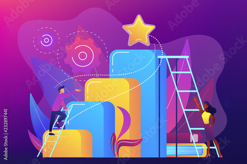 Businessman and woman climb ladder. Business and career ambition, career aspirations and plans, personal growth concept on ultraviolet background. Bright vibrant violet vector isolated illustration