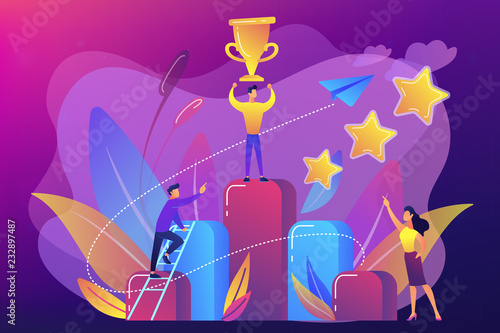 Businessman holds a cup on top of column graph. Key and way to success, success story, business chance and luck concept on ultraviolet background. Bright vibrant violet vector isolated illustration