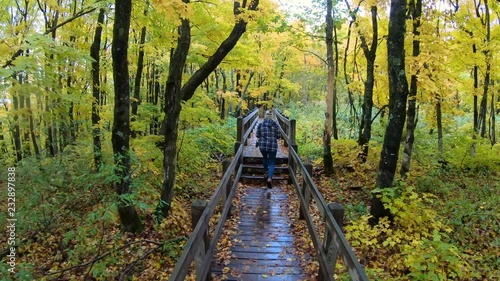 Fall hiking on wood bridge