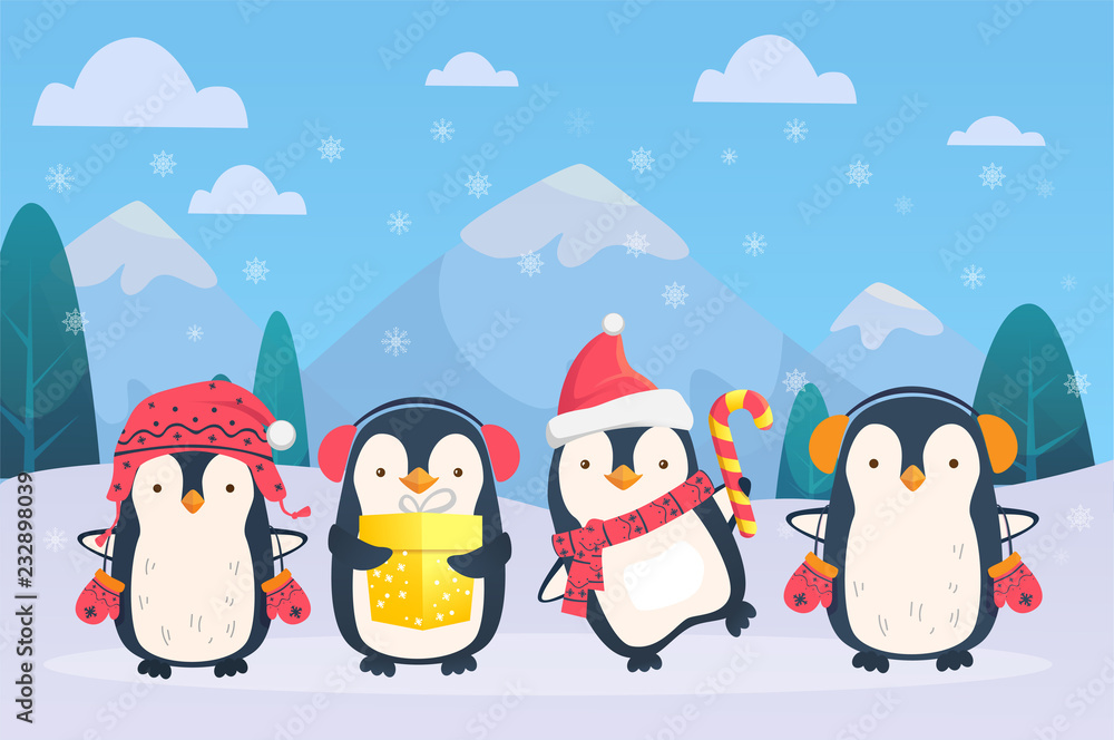 Obraz premium christmas penguins on snowy background