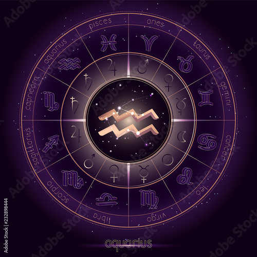 Zodiac sign and constellation AQUARIUS with Horoscope circle on the starry night sky background with geometry pattern. Sacred symbols and pictograms astrology planets in mystical circle. Gold.