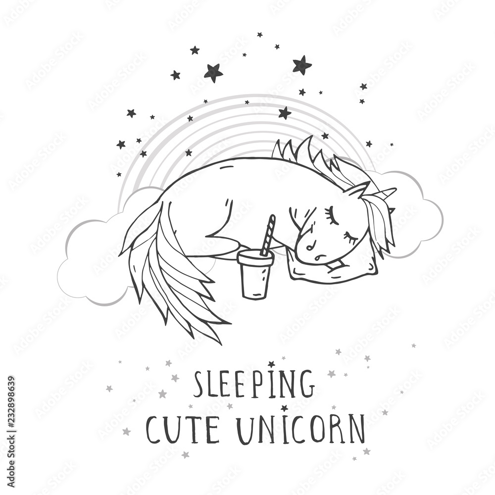 Vector illustration of hand drawn cute sleeping unicorn with coffee ...