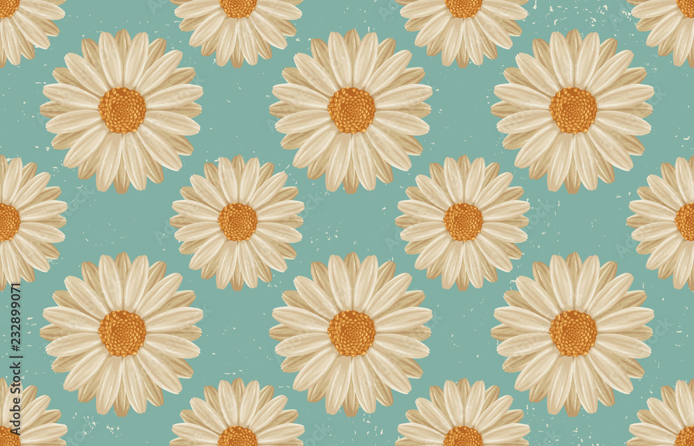 Printable seamless vintage repeat pattern background with white daisies. Botanical wallpaper, raster illustration in super High resolution.