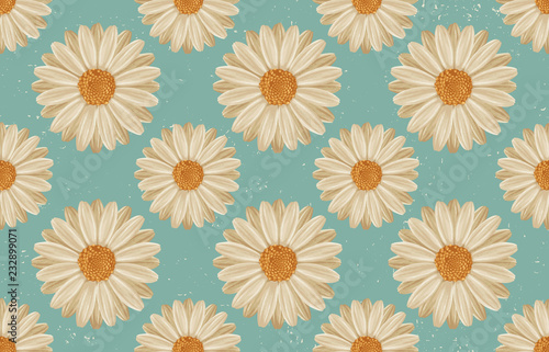 Printable seamless vintage repeat pattern background with white daisies. Botanical wallpaper  raster illustration in super High resolution.